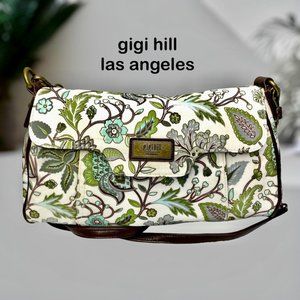 Gigi Hill Medium Green Brown‎ White Floral 2 pocket Hand Shoulder Purse